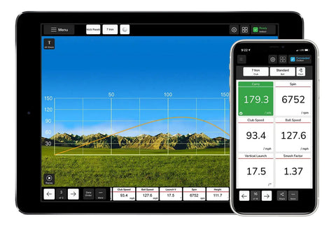 Tablet and phone displaying Mevo Portable Golf Launch Monitor data with swing metrics, spin, club, and ball speed.