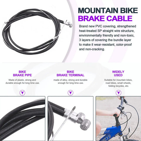 Mountain bike brake cable with new PVC cover and terminals; part of 16 piece complete bike brake set with calipers levers cables front and rear V brakes black aluminum alloy handlebars universal fit for most bicycles includes noodles rubber boots and screws