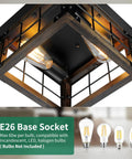 Two Light Farmhouse Style Black Wood Flush Mount Ceiling Fixture For Kitchen Dining Room And Entryway Dope Industrial Rustic Look Semi Flush Mount Lighting With Square Wood Frame And Black Iron Accents showing E26 socket.