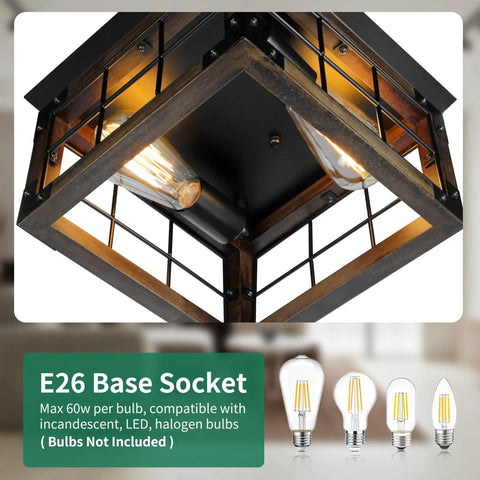 Two Light Farmhouse Style Black Wood Flush Mount Ceiling Fixture For Kitchen Dining Room And Entryway Dope Industrial Rustic Look Semi Flush Mount Lighting With Square Wood Frame And Black Iron Accents showing E26 socket.