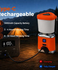 Rechargeable Camping Lantern With 1500 Lumen Brightness 3000mAh Battery plugged into power bank, USB-C charging