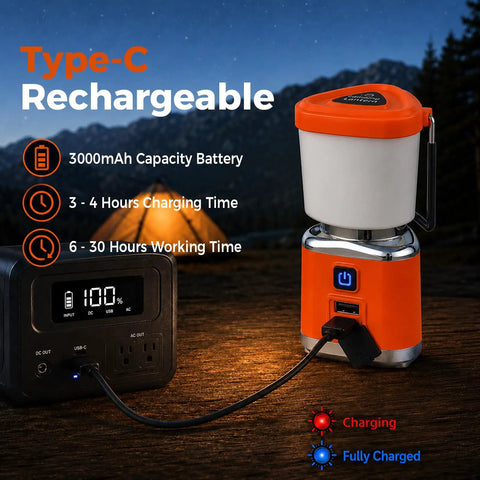 Rechargeable Camping Lantern With 1500 Lumen Brightness 3000mAh Battery plugged into power bank, USB-C charging