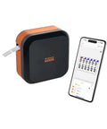 Portable Industrial Label Printer With Bluetooth And Pro Label Tool App Hands Free Belt Clip For Tight Jobsite Spaces Rechargeable Battery Prints Durable Labels Up To 1 Inch Industrial Formats shown with smartphone app interface.