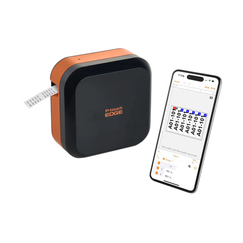 Portable Industrial Label Printer With Bluetooth And Pro Label Tool App Hands Free Belt Clip For Tight Jobsite Spaces Rechargeable Battery Prints Durable Labels Up To 1 Inch Industrial Formats shown with smartphone app interface.