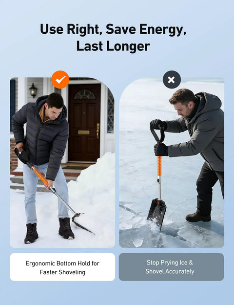 Man using Lightweight Plastic Snow Shovel With Extendable Handle For Driveways And Cars Rugged Yet Portable Easy Buckle Assembly
