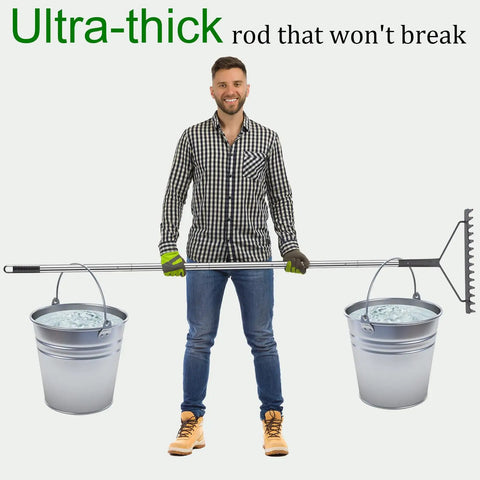 Sturdy Metal Garden Rake With Extra Long Adjustable Handle 71 Inch 18 Inch Wide Head 14 Tines for Quick Yard Cleanup.