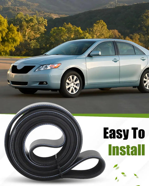 Serpentine Drive Belt For Toyota Camry Corolla Matrix RAV4 Scion XB And Pontiac Vibe EPDM Belt Built To Last With Top Notch Wear Resistance For Smooth Performance And Long Life On Your Daily Ride, black EPDM belt coiled with Toyota sedan