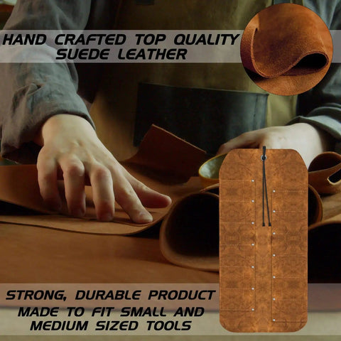 12 Pocket Suede Leather Tool Roll Up Organizer Bag for Woodworking and Wood Carving Tools being crafted by hand