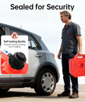 5 Liter Fuel Storage Tank With Bleed Valve And Transfer Pump shown beside a car, highlighting tough HDPE construction and guide pipe