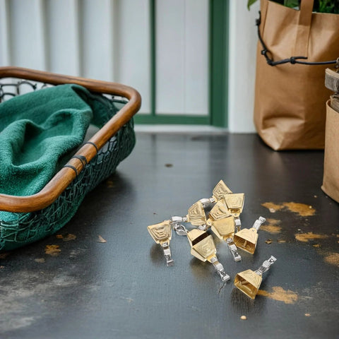 15pcs clip-on fishing bite alarm bells, gold-tone brass bells with silver clips