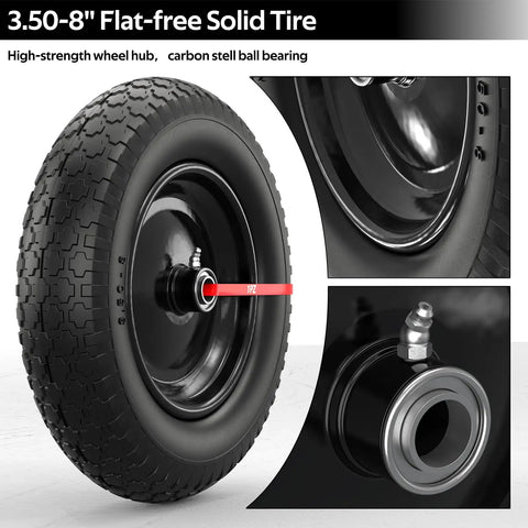 14.5 Inch Wheelbarrow Tire With 3.50-8 Flat Free Solid Wheel And Centered Hub, close-up of tire tread and bearing details