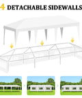 Diagram showing 10x30 White Canopy Tent With 5 Removable Sidewalls And Windows Waterproof UV Blocking Outdoor Party Gazebo setup process