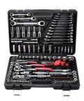 Quick Swap Fast Ratchet Wrench Socket Set With Rugged Steel Toolbox And Assorted Sizes For No Sweat Household Fixes And Garage Tune Ups A 150 Piece Top Shelf Handyman Starter Kit in black steel case