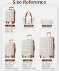 Luggage set: six-piece beige-brown ABS+PC with spinner wheels; includes 16/20/24/28 sizes, plus duffel and toiletry bags