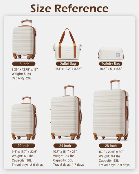 Luggage set: six-piece beige-brown ABS+PC with spinner wheels; includes 16/20/24/28 sizes, plus duffel and toiletry bags