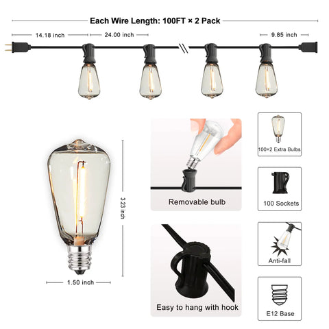 Outdoor String Lights 200 Ft Waterproof Patio Lighting With 102 ST38 Shatterproof LED Bulbs Dimmable Vintage Edison Glow diagram