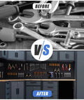 Before and after of Pro Grade Heavy Duty Garage Corner Storage Cabinet System With Workbench And Pegboard 15 Piece Set Lockable Drawers