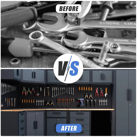 Before and after of Pro Grade Heavy Duty Garage Corner Storage Cabinet System With Workbench And Pegboard 15 Piece Set Lockable Drawers