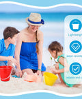 Children playing with 24 Piece Neon Beach Bucket Set For Kids with 5 Inch Buckets and sandcastle molds on a beach.
