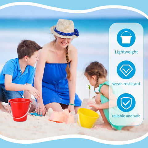 Children playing with 24 Piece Neon Beach Bucket Set For Kids with 5 Inch Buckets and sandcastle molds on a beach.