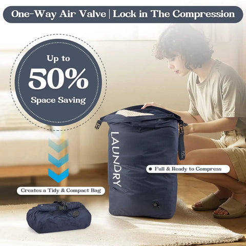Person using No Cap Vacuum Compression Travel Laundry Bag With Waterproof Wet Dry Organizer for easy storage and space saving
