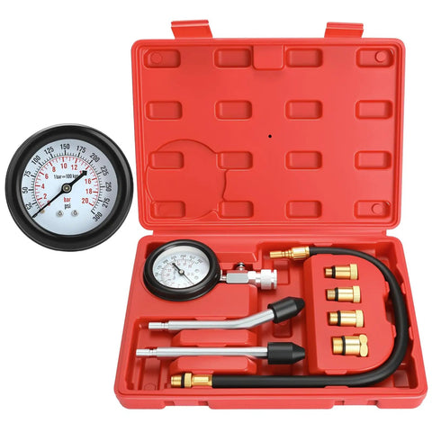 Gas Engine Cylinder Compression Tester Kit, 8 Piece, Automotive Gauge Tool With Three Inch Dual Color Dial, 0 to 300 Psi and 0 to 20 Bar, Quick Pressure Release Button, Includes Two Rubber Cone Ends for Quick Checks