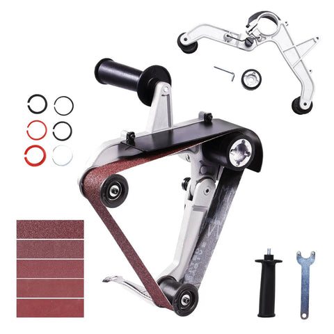 Belt Sander Adapter For Angle Grinder Five Eighths By Eleven Thread Pipe Sanding Attachment with accessories visible