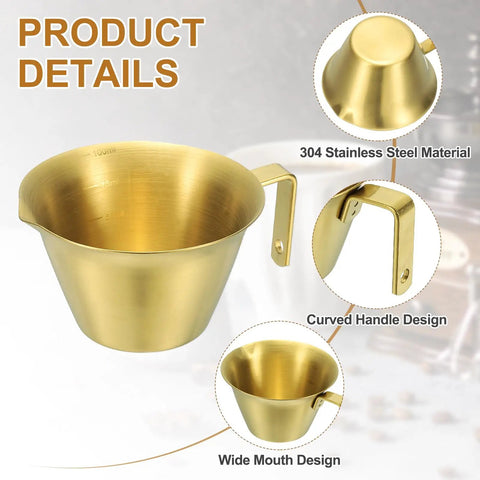 2 Pack Stainless Steel Espresso Measuring Cups With Handle, V Shaped Mouth, Spout, And Scale, 3.4 Oz 100 Ml, Gold Finish