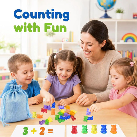 Awesome Rainbow Counting Bears Set Of 100 Bright Plastic Sorting Toys For Toddlers, children learning math with colorful bears.