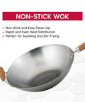 Go-To 14-Inch Carbon Steel Wok With Bamboo Handle For Stir Frying showing non-stick surface and easy clean-up features