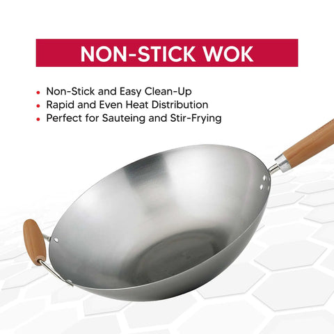Go-To 14-Inch Carbon Steel Wok With Bamboo Handle For Stir Frying showing non-stick surface and easy clean-up features