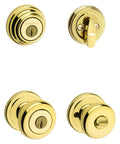 Keyed Front Door Knob And Deadbolt Set With SmartKey Rekey, Polished Brass Exterior Entry Kit, showing brass finish and keyholes.