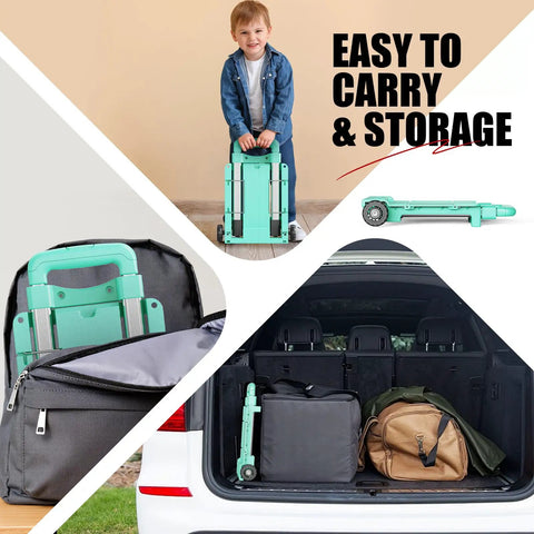 Ultra Compact Folding Hand Truck Dolly With Tank Wheels And Expandable Base Plate And Elastic Rope shown with easy storage options
