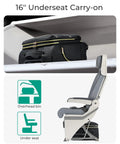 Underseat Carry On Luggage With Spinner Wheels 16 Inch Small Rolling Softside Suitcase For Women Airline Approved TSA Lock Fits Under Most Seats For Overnight Trips Black on overhead bin and seating diagram.