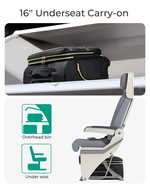 Underseat Carry On Luggage With Spinner Wheels 16 Inch Small Rolling Softside Suitcase For Women Airline Approved TSA Lock Fits Under Most Seats For Overnight Trips Black on overhead bin and seating diagram.