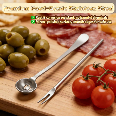 Six-Piece Pickle Fork Set with stainless steel long-handle fork and spoon beside olives and tomatoes on wooden board.