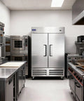 Rock Solid Stainless Steel Two Door Commercial Freezer 54 Inch Wide 49 Cubic Foot Reach In Unit in a professional kitchen.