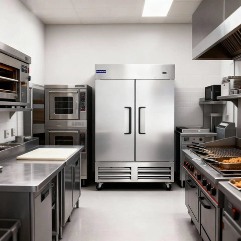 Rock Solid Stainless Steel Two Door Commercial Freezer 54 Inch Wide 49 Cubic Foot Reach In Unit in a professional kitchen.