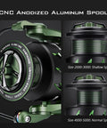 CNC anodized aluminum spool details of Spartacus II Spinning Reel Sealed Carbon Fiber Build 22 Lb Max Drag 7 Plus 1 Bearings