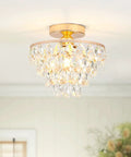 Lit Gold Crystal Chandelier Mini Ceiling Light Modern Flush Mount With Raindrop Crystals For Hallway Bedroom Living Room E26 Base Easy Install Boss Look Ceiling Fixture installed on ceiling.