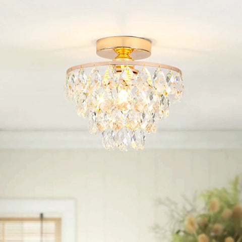 Lit Gold Crystal Chandelier Mini Ceiling Light Modern Flush Mount With Raindrop Crystals For Hallway Bedroom Living Room E26 Base Easy Install Boss Look Ceiling Fixture installed on ceiling.