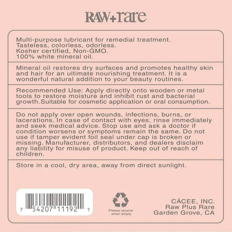 Back label of Vegan Food Grade Mineral Oil For Wood Cutting Boards And Knives Safe On Bamboo And Butcher Block Cast Iron Tools Conditioner Odorless Tasteless Colorless 32 Oz Bottle