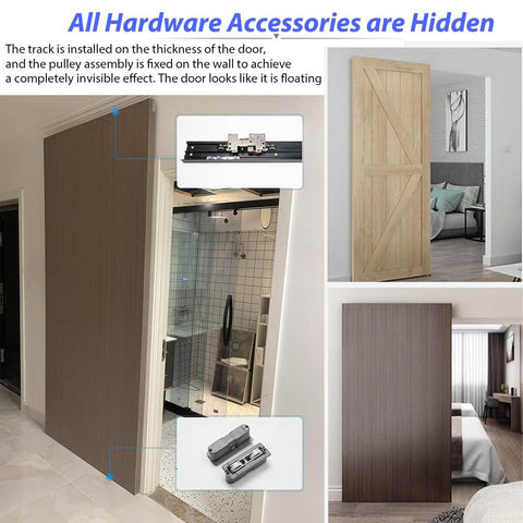 Concealed Sliding Barn Door Hardware Kit With 59.05 Inch Track, Floating Wall Mount installed in modern living room.