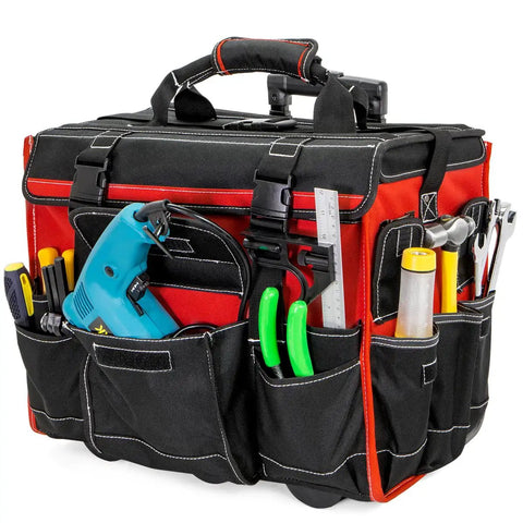Rolling Tool Bag Organizer With Wheels, 18 Inch Portable Tool Tote with hand tools, heavy duty 600 denier polyester, wide compartments