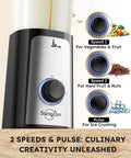 Close-up of 5 In 1 Kitchen Blender And Food Processor Set speed and pulse control with images for fruits, nuts, and ice crushing.