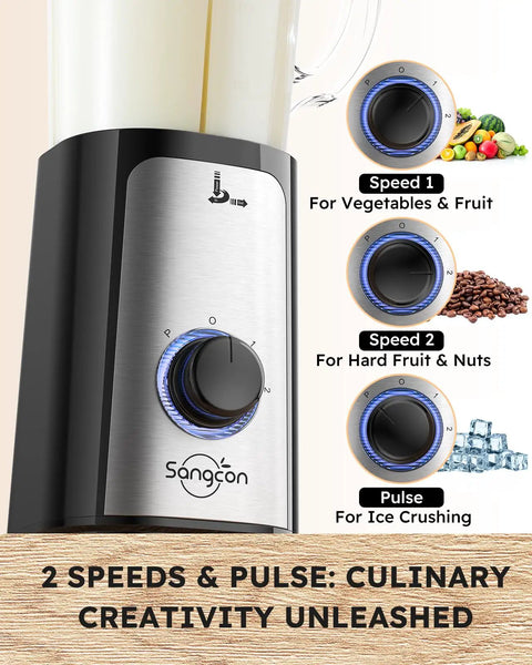 Close-up of 5 In 1 Kitchen Blender And Food Processor Set speed and pulse control with images for fruits, nuts, and ice crushing.