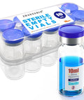Front view: sterile empty glass vials with blue flip-top caps, 10 mL, 10 pcs, ZHANXUBIO
