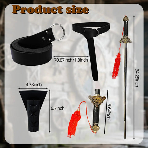 Adjustable Tachi Practice Sword Set With Holster And Leather Belt, includes faux blade, belt, and holster with size details.