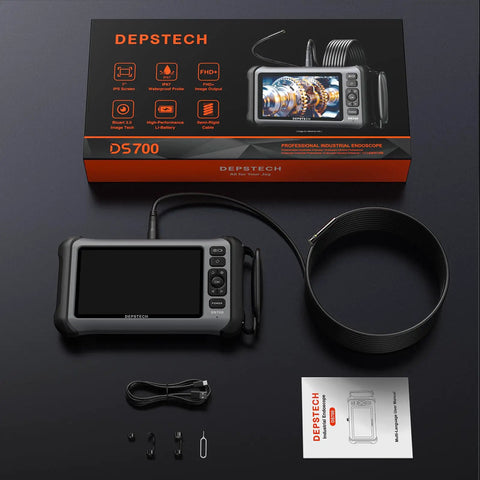 7 Inch IPS Endoscope With Lights And 1080P Triple Lens Borescope Tool shown with box and accessories