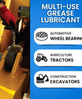 Side view of a red-gloved hand operating a grease gun on a yellow construction excavator wheel bearing.